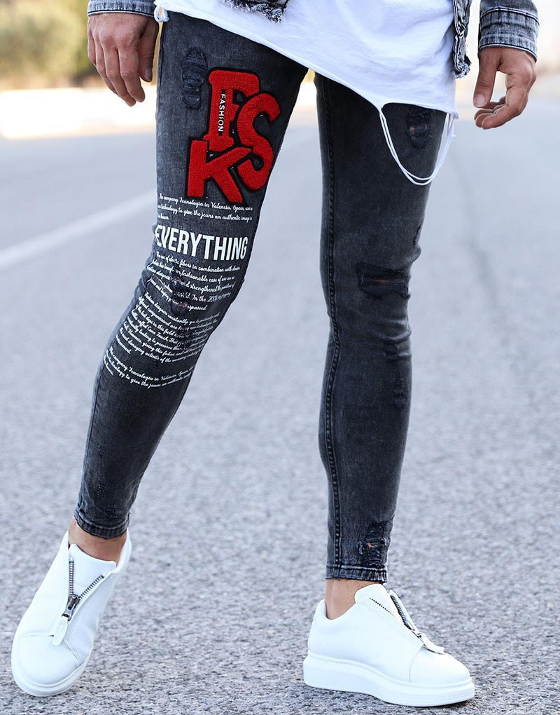 Black Denim Distressed PSK Fashion Streetwear Slim Fit Denim Jeans - STREET MODE ™