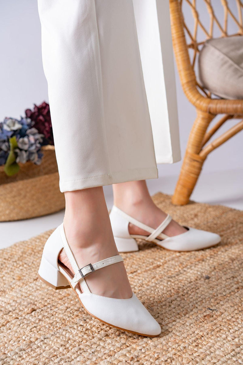 Cedric White Skin - White Crocodile Detailed Low Heel Women's Shoes - STREET MODE ™