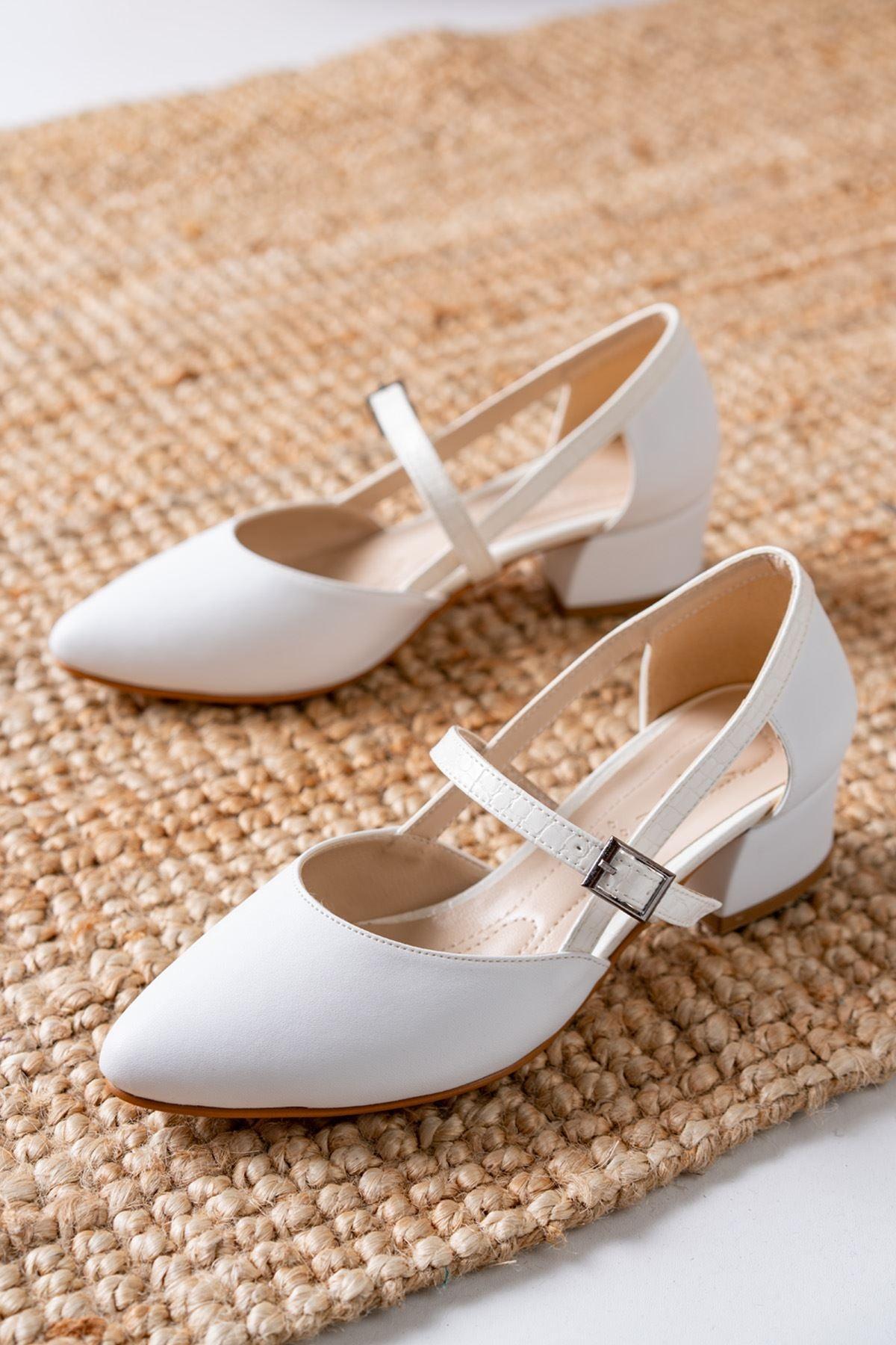 Cedric White Skin - White Crocodile Detailed Low Heel Women's Shoes - STREET MODE ™