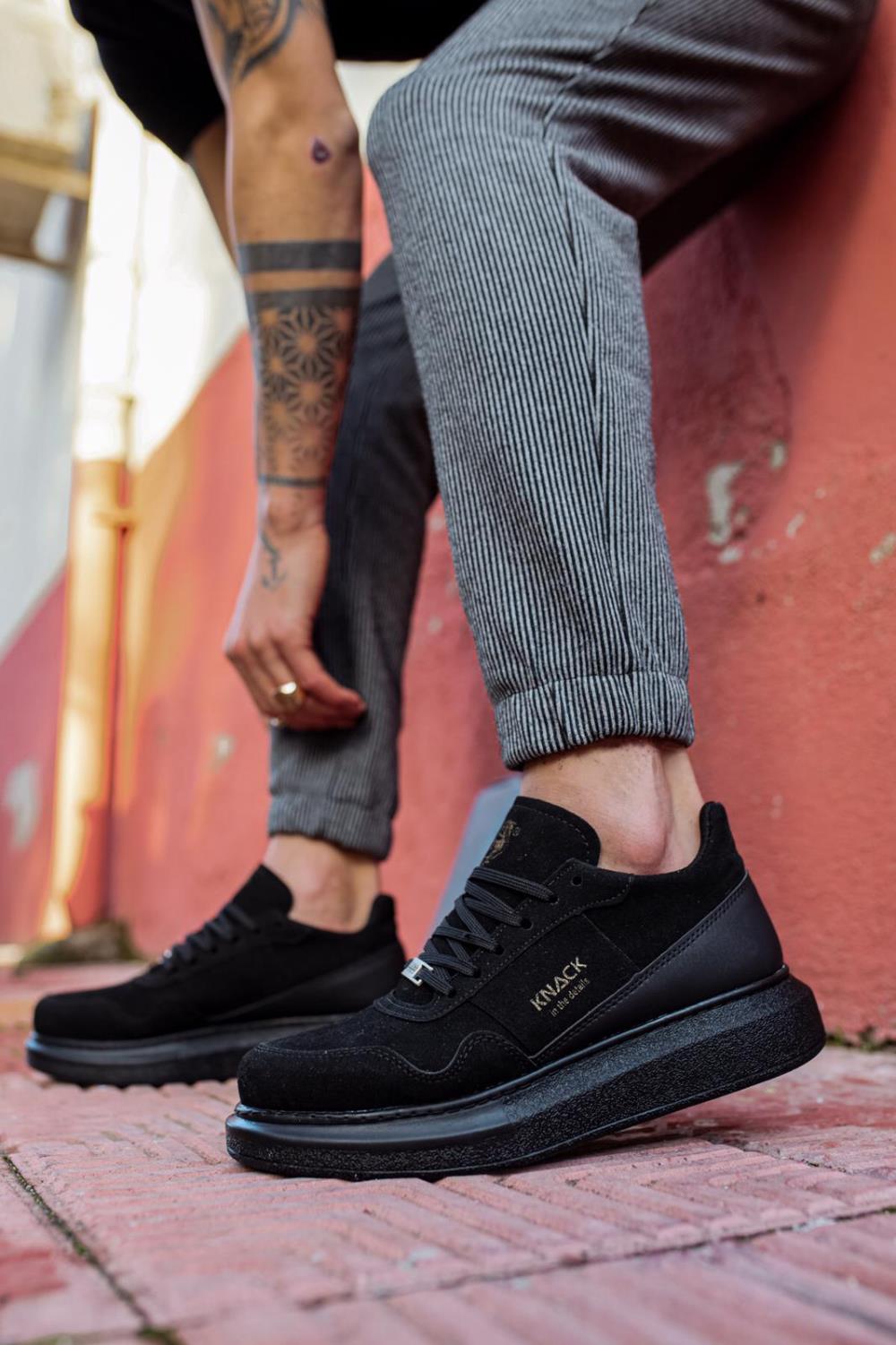 Mens Sneaker  High Sole Casual Suede Shoes 040 Full Black - STREET MODE ™