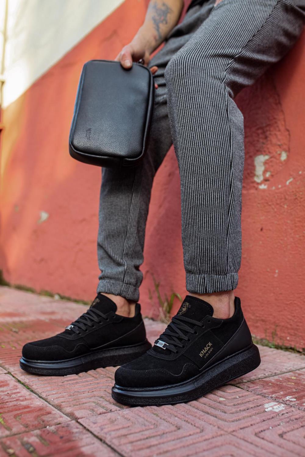 Mens Sneaker  High Sole Casual Suede Shoes 040 Full Black - STREET MODE ™