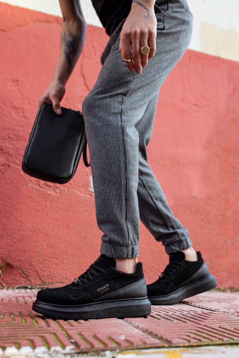 Mens Sneaker  High Sole Casual Suede Shoes 040 Full Black - STREET MODE ™