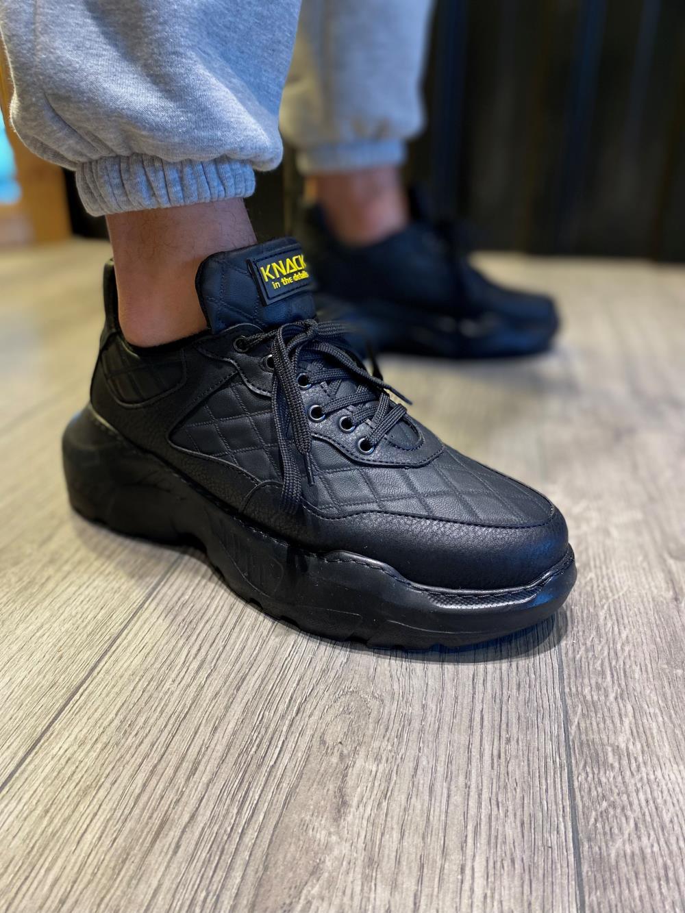STM Men's High Sole Casual sneakers Shoes N75 Quilted Black (Black Sole) - STREET MODE ™