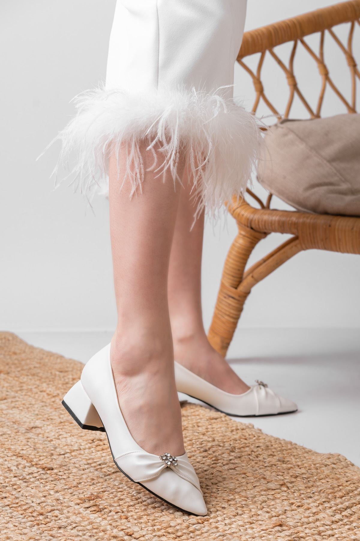 Lydia White Skin Stone Detailed Heeled Women's Shoes - STREET MODE ™