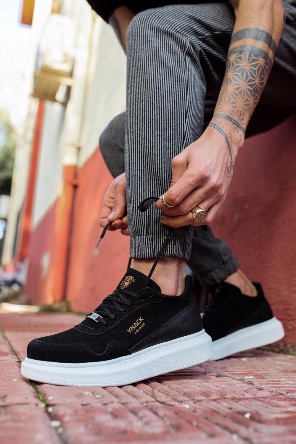 Mens Sneaker High Sole Casual Suede Shoes 040 Black White - STREET MODE ™