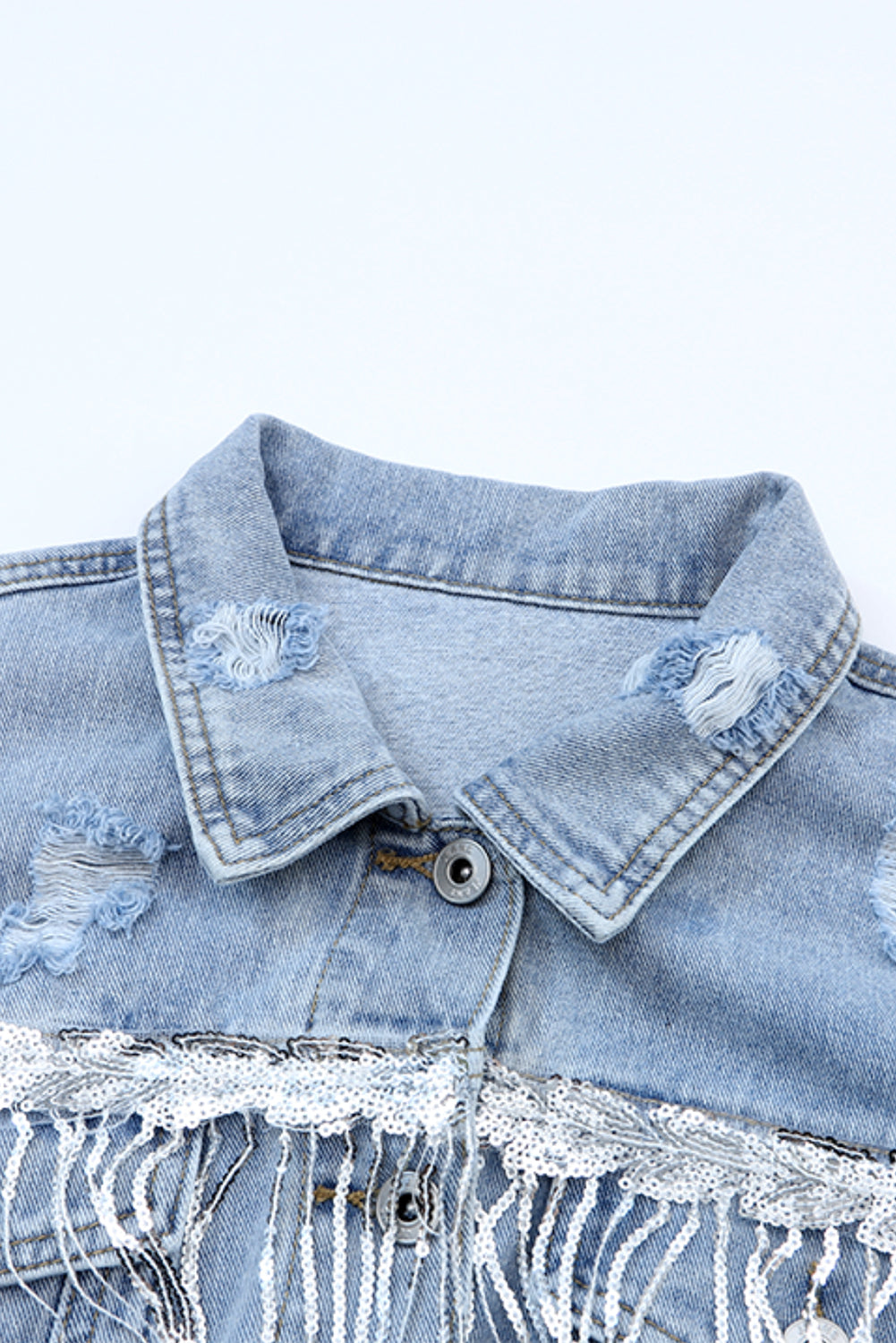Sequin Fringe Trim Distressed Button Up Women Denim Jacket