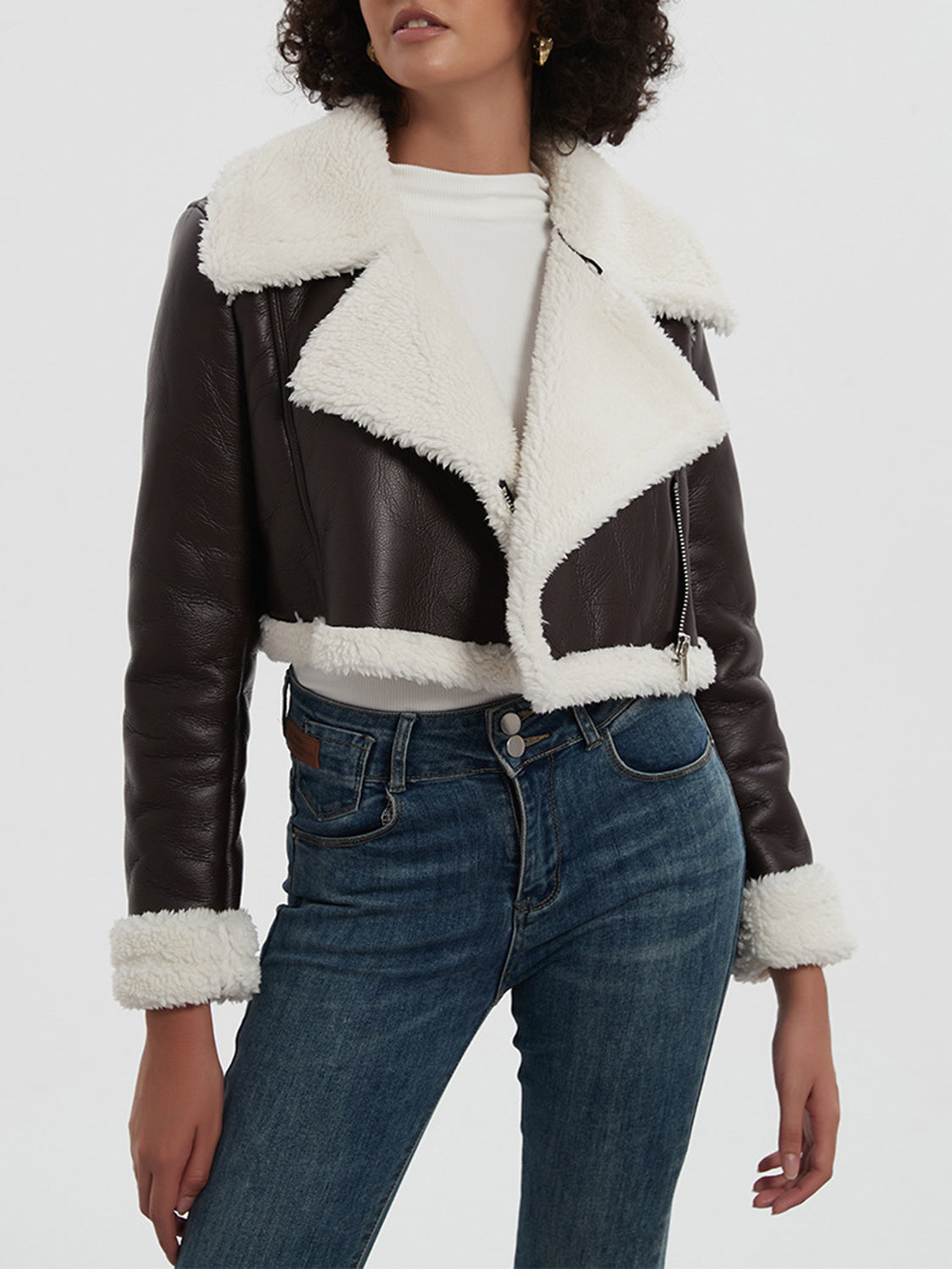 Collared Neck Long Sleeve Plush Cropped Women Jacket - STREETMODE ™