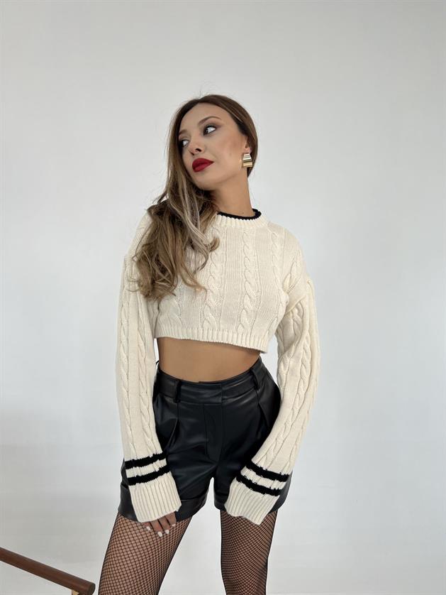 Women's knitwear knitted crop sweater-cream-black - STREETMODE ™