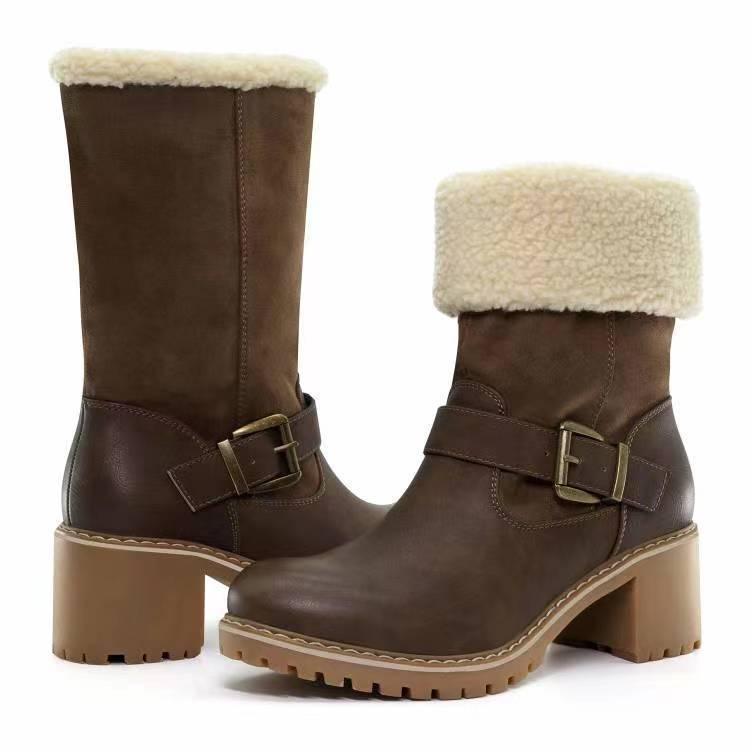 Fashion Boots With Buckle Chunky Heel Shoes Warm Winter Round Toe Western Boots For Women - STREETMODE ™