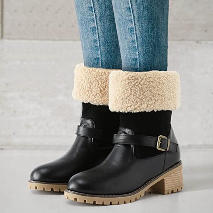 Fashion Boots With Buckle Chunky Heel Shoes Warm Winter Round Toe Western Boots For Women - STREETMODE ™