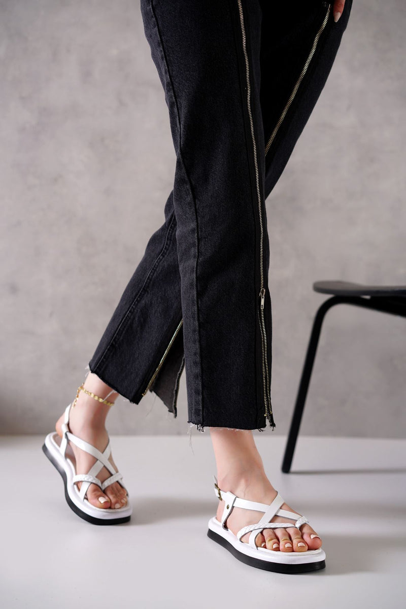 Alaçatı Genuine Leather White Women's Sandals - STREETMODE ™