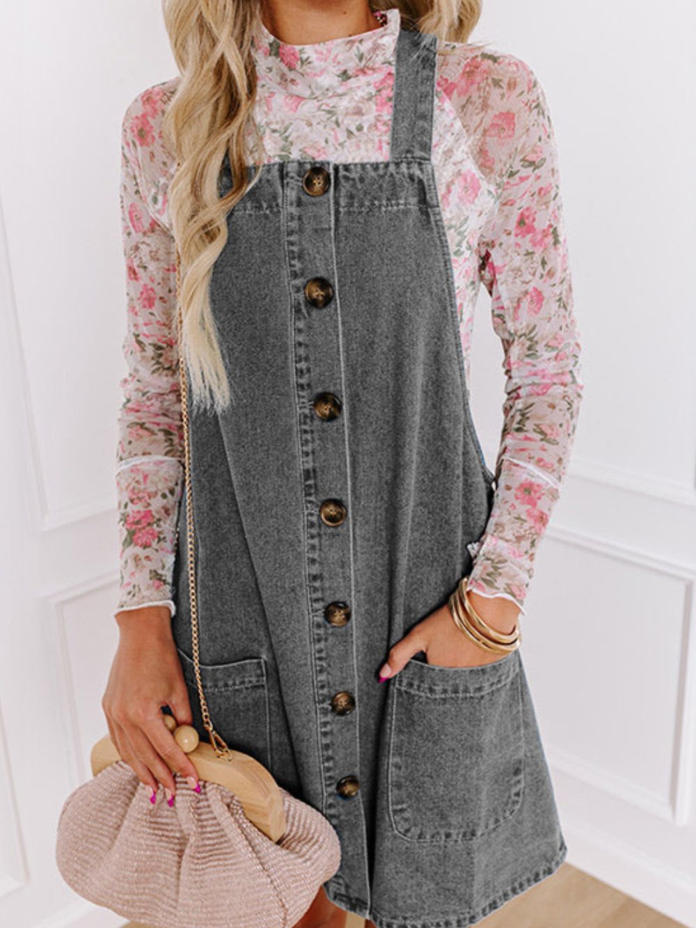 button front denim overall dress Womens Casual Sleeveless Denim Overalls Dresses Button Down Summer Jean Mini Dress with Pocket