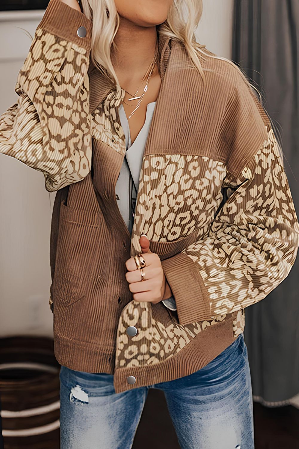 Leopard Button Up Drop Shoulder Women Jacket - STREETMODE ™