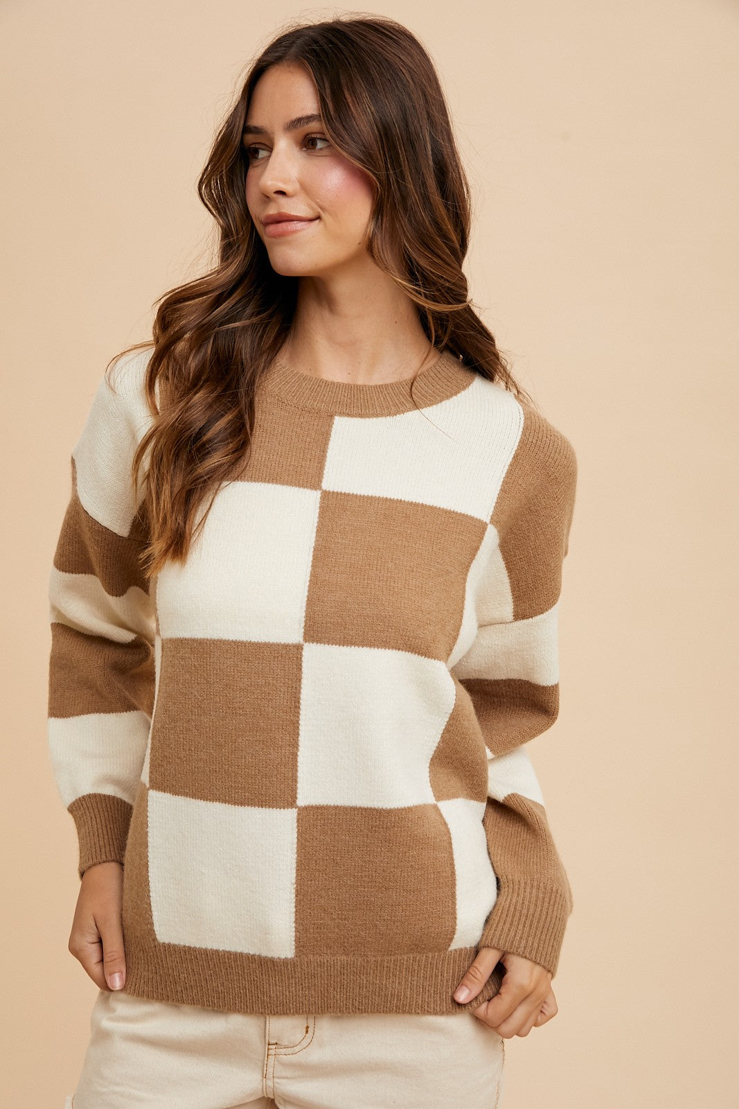 Checkered Round Neck Dropped Shoulder Women Sweater