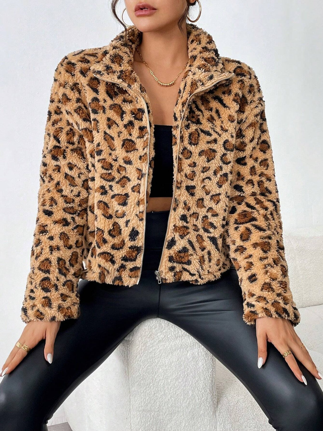 Fuzzy Turtleneck Leopard Zip Up Women Jacket - STREETMODE ™