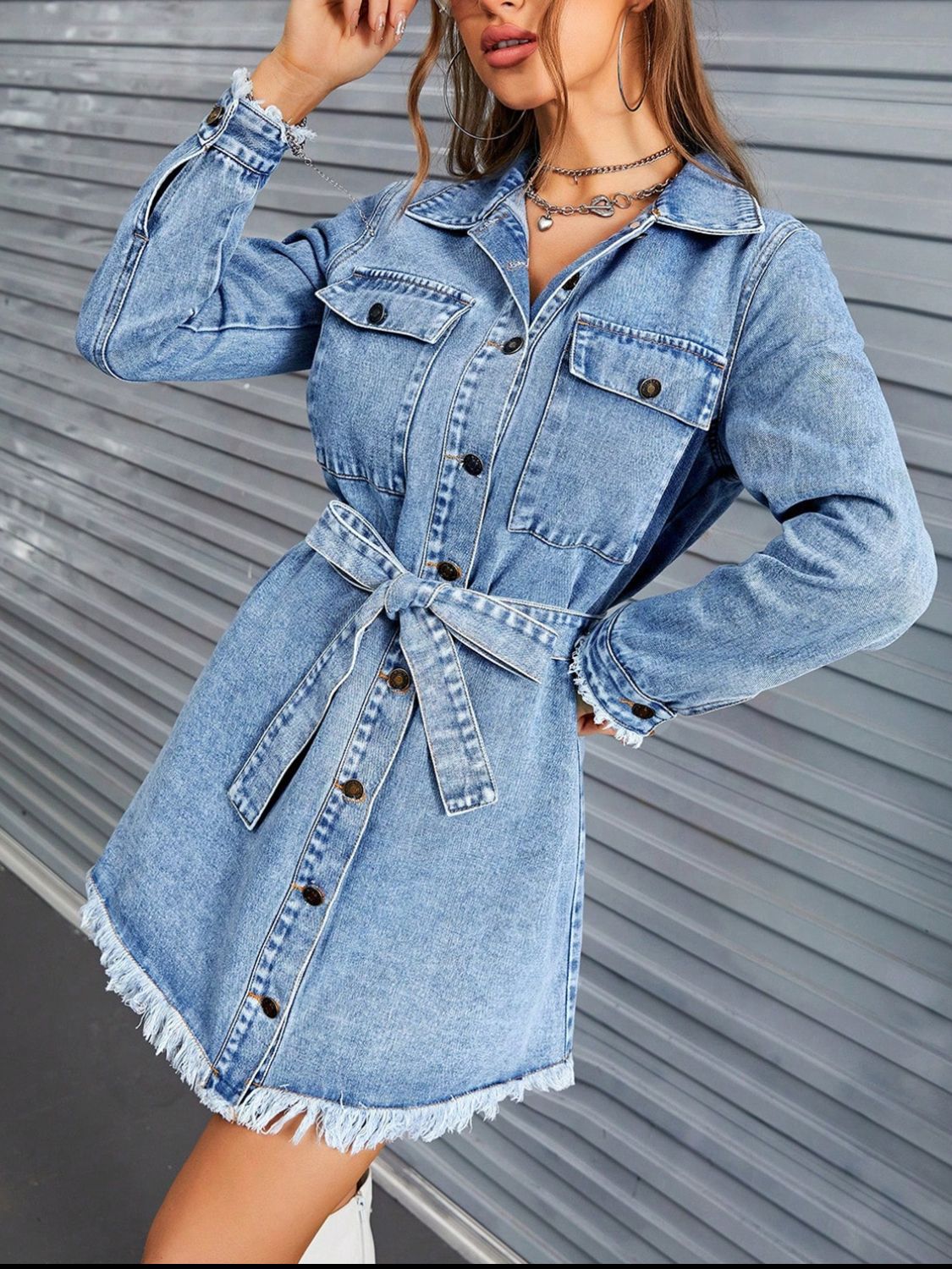 Raw Hem Collared Neck Long Sleeve Women Denim Dress