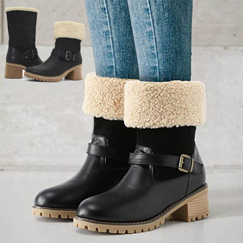 Fashion Boots With Buckle Chunky Heel Shoes Warm Winter Round Toe Western Boots For Women - STREETMODE ™