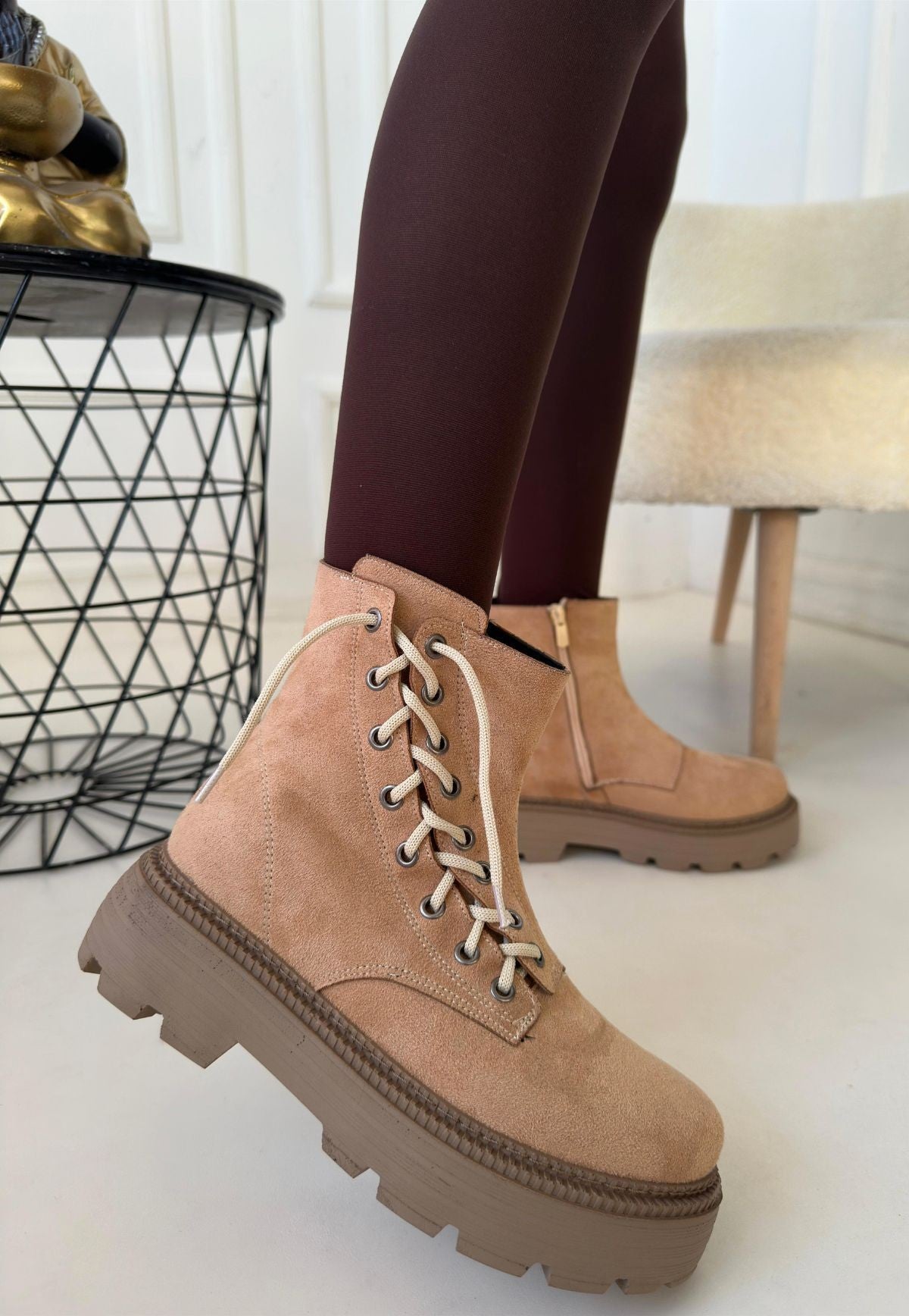 Women's Nude Suede Lace-Up Boots - STREETMODE ™