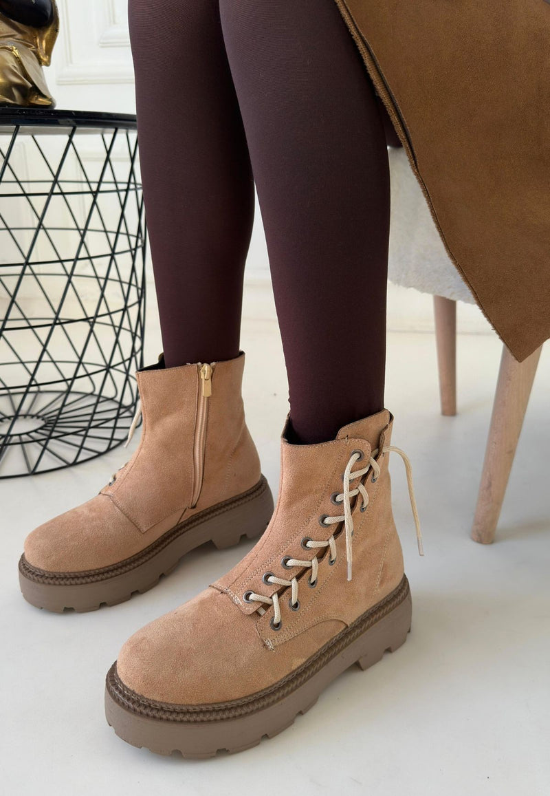 Women's Nude Suede Lace-Up Boots - STREETMODE ™