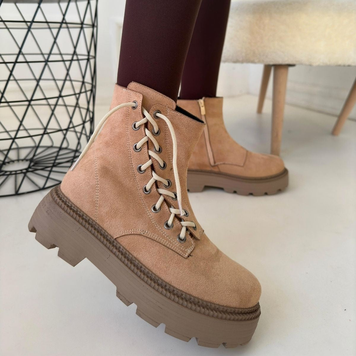 Women's Nude Suede Lace-Up Boots - STREETMODE ™