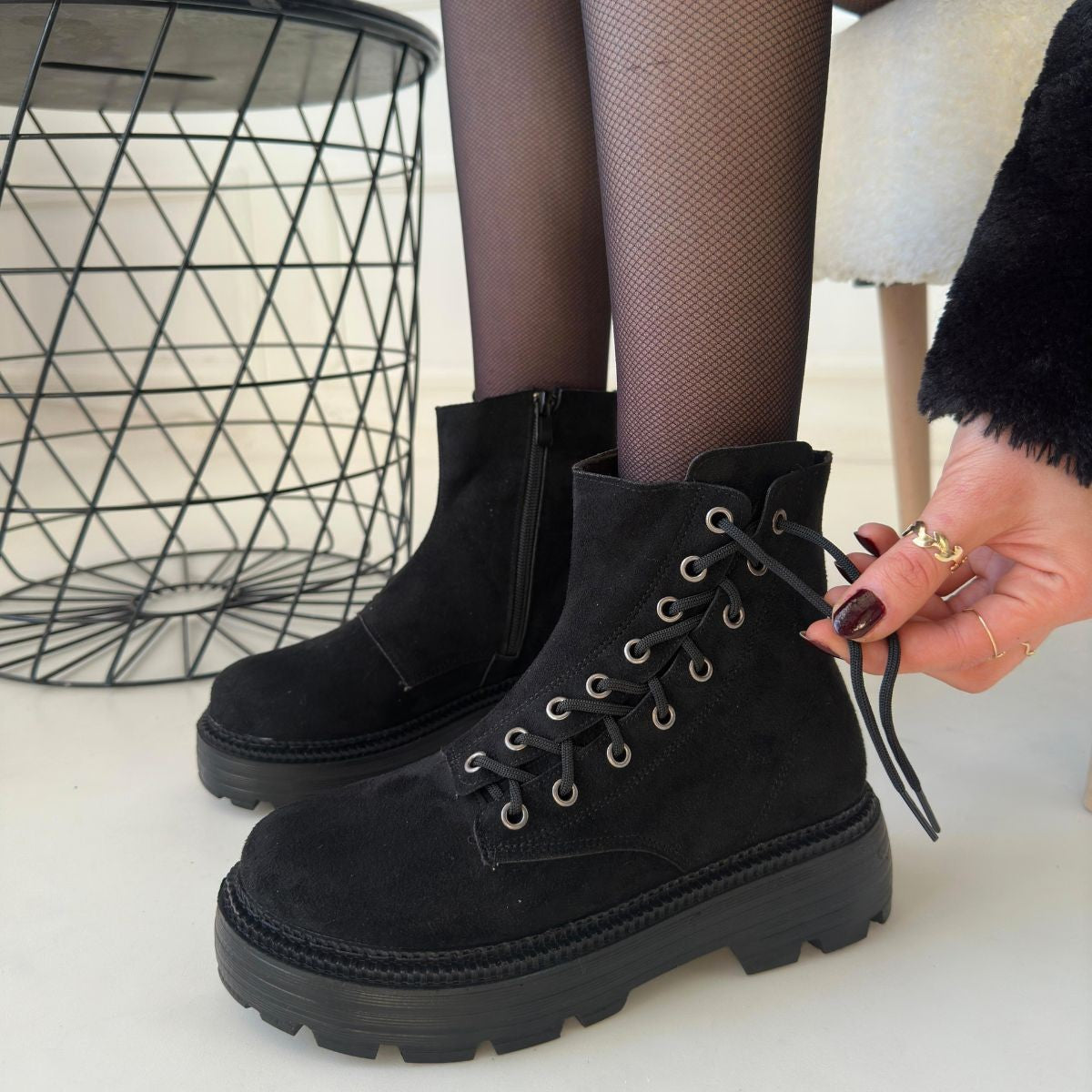 Women's Black Suede Lace-Up Boots - STREETMODE ™