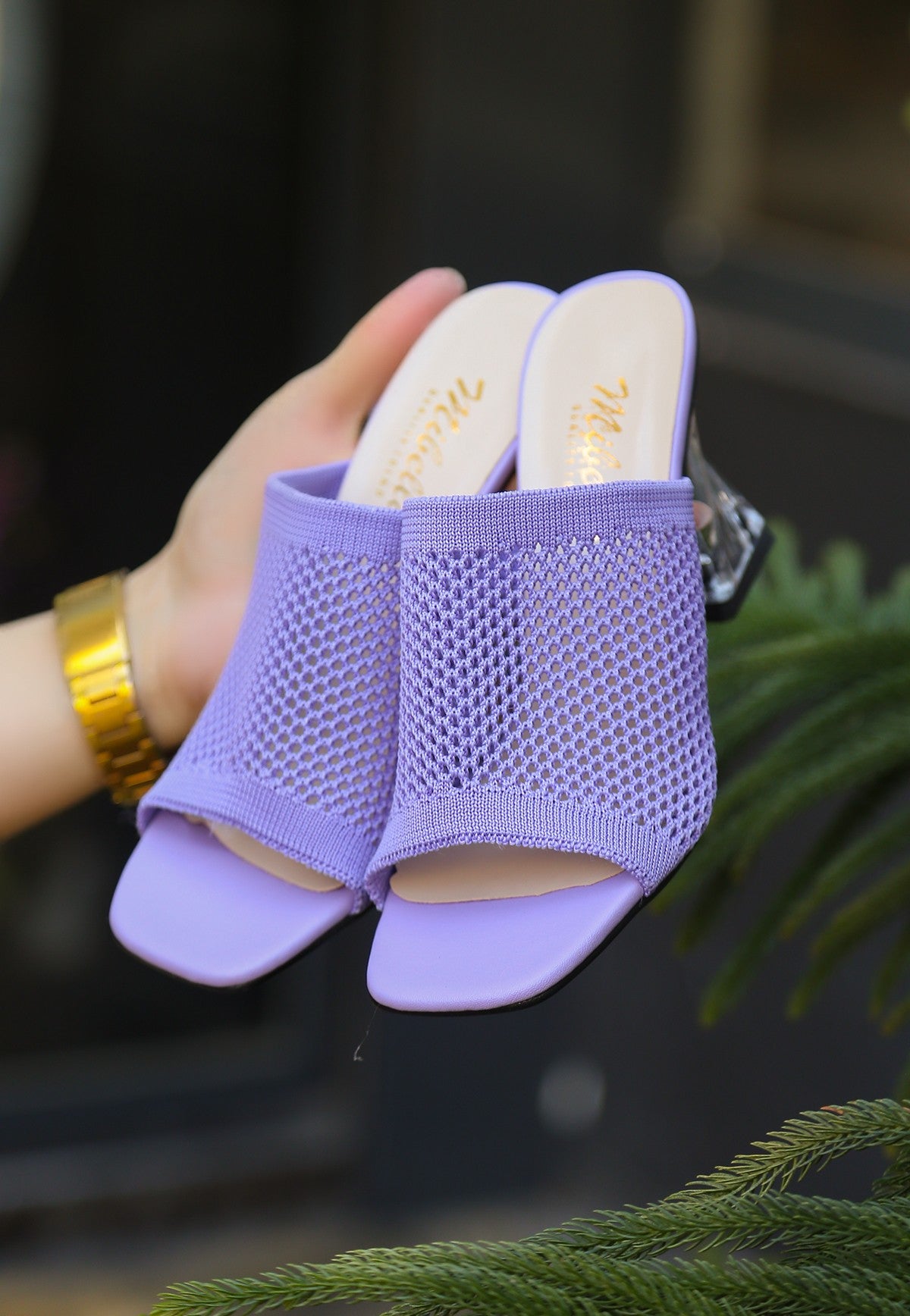 Women's Akva Lilac Knitwear Transparent Heeled Slippers - STREETMODE ™
