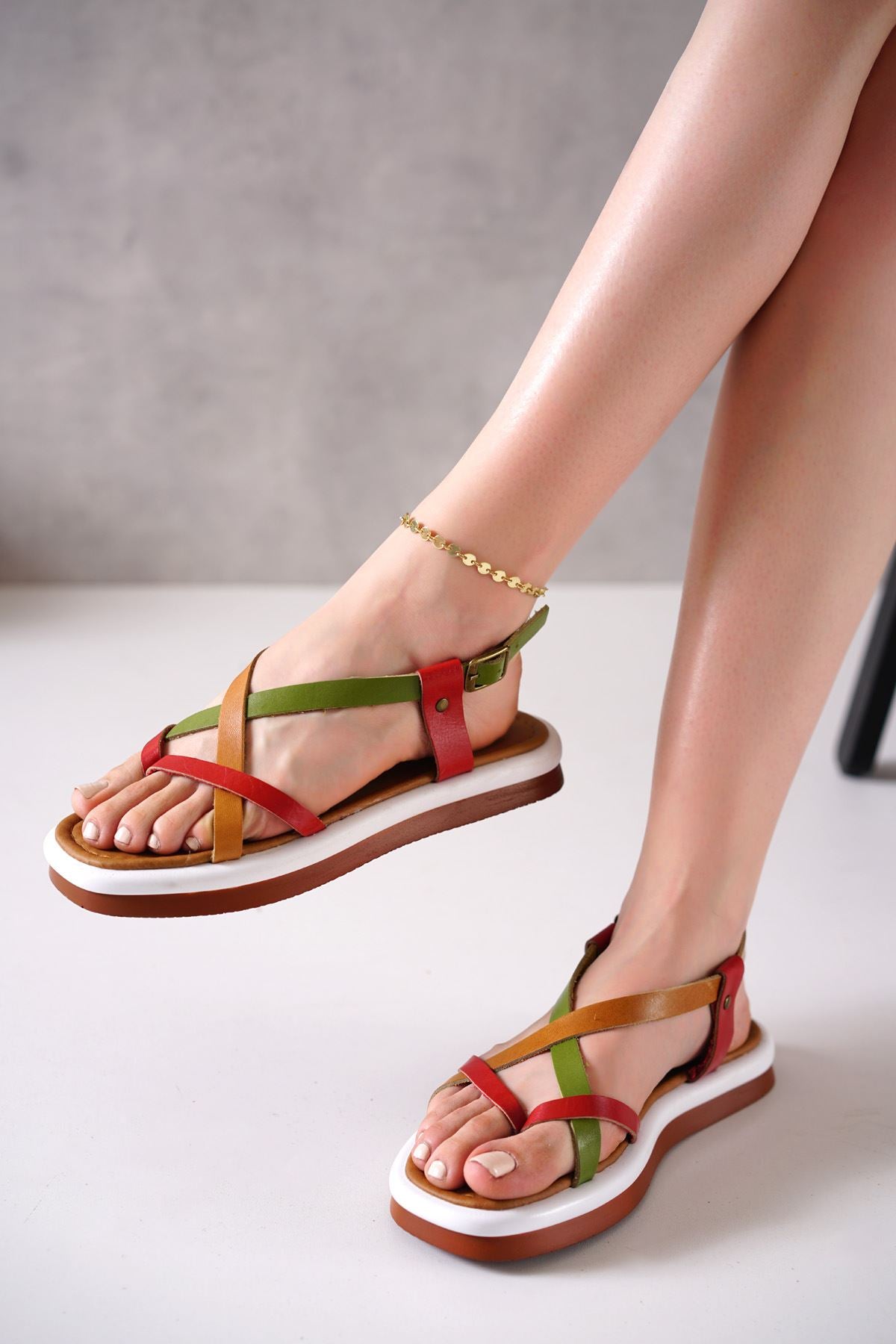 Alaçatı Genuine Leather Brown Red Green Women's Sandals - STREETMODE ™