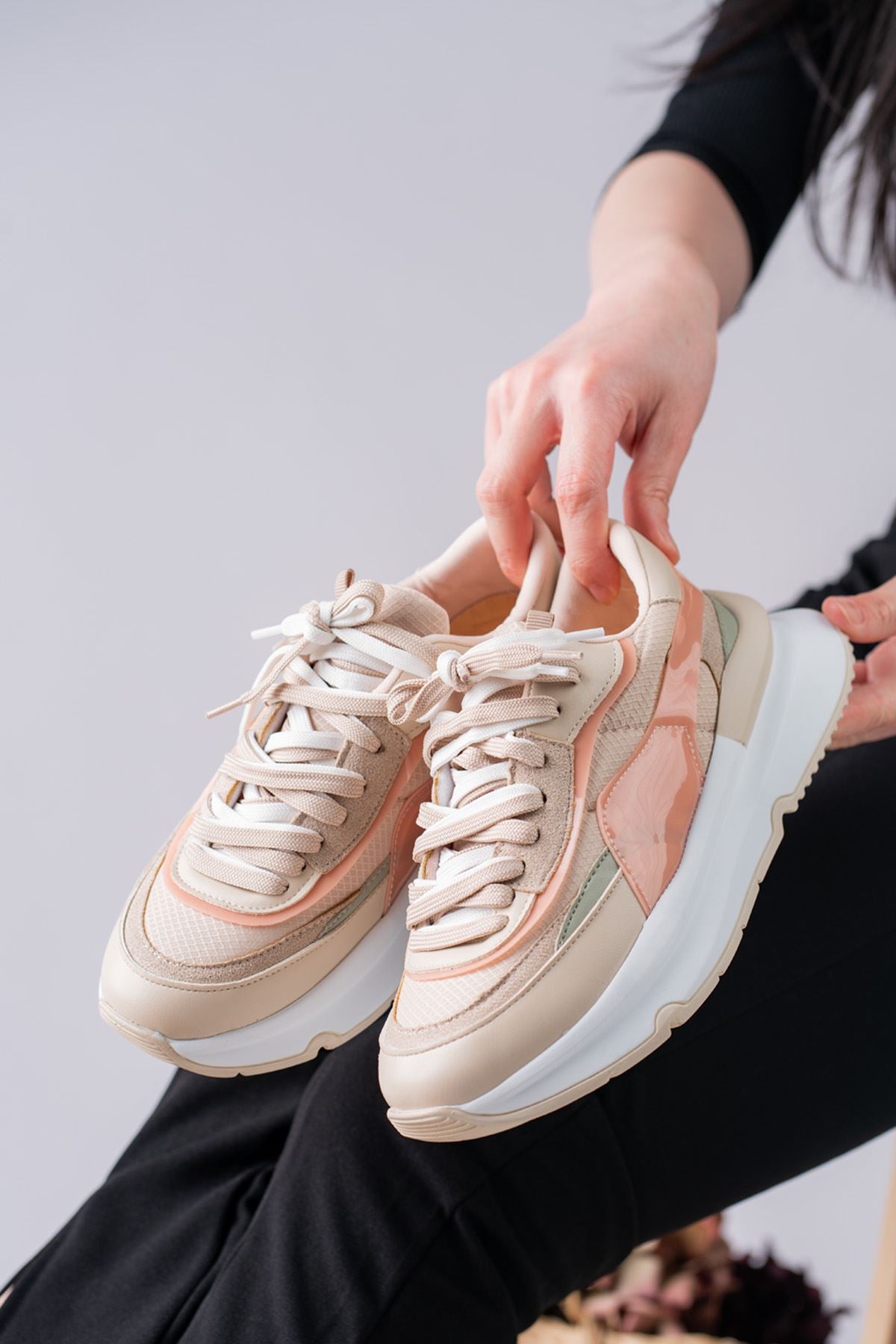 Women's Aleh Beige Skin Powder Detailed Thick Sole Sneakers Shoes - STREETMODE ™
