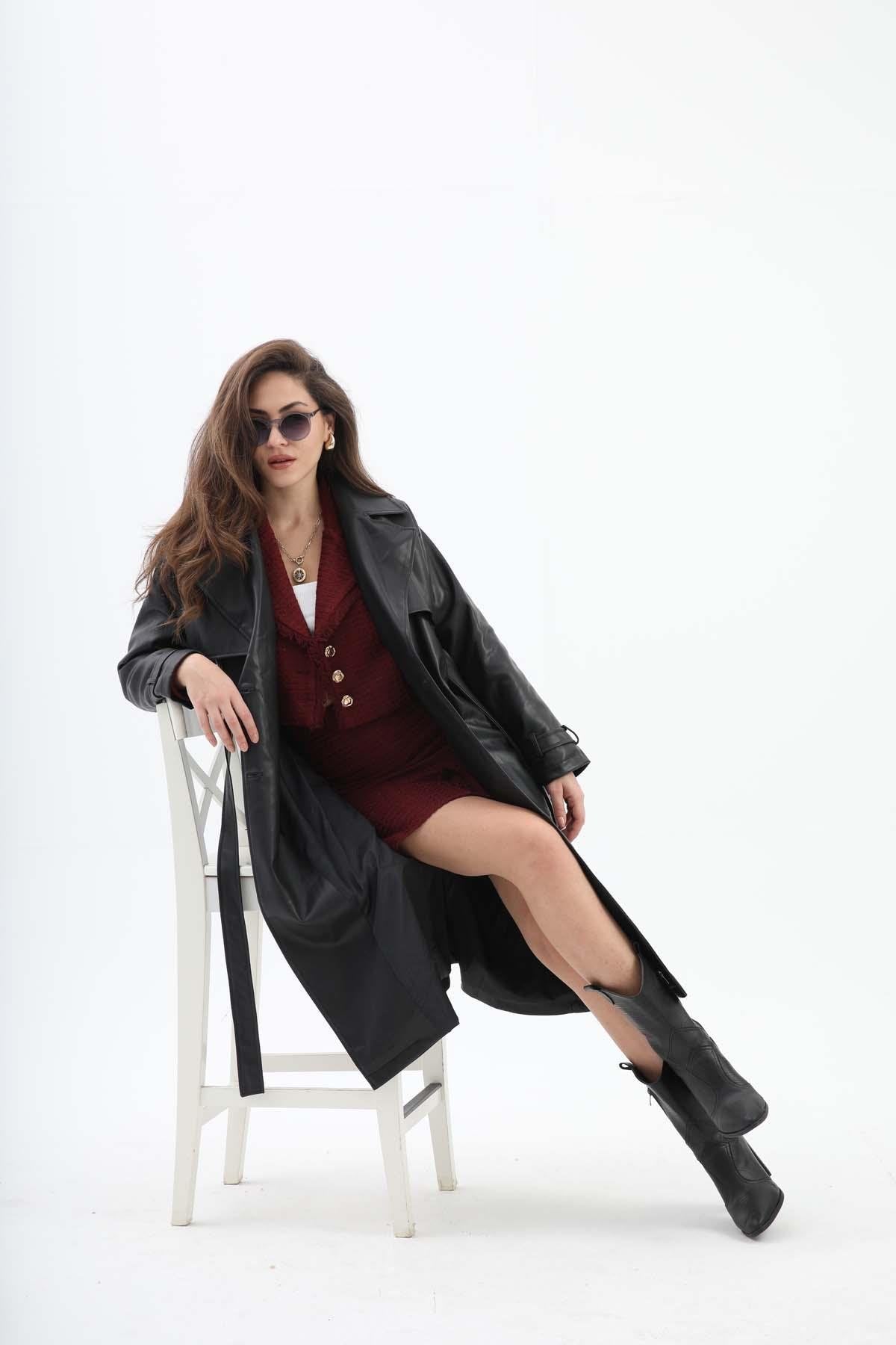 Women's Waist Belted Leather Trench Coat - Black