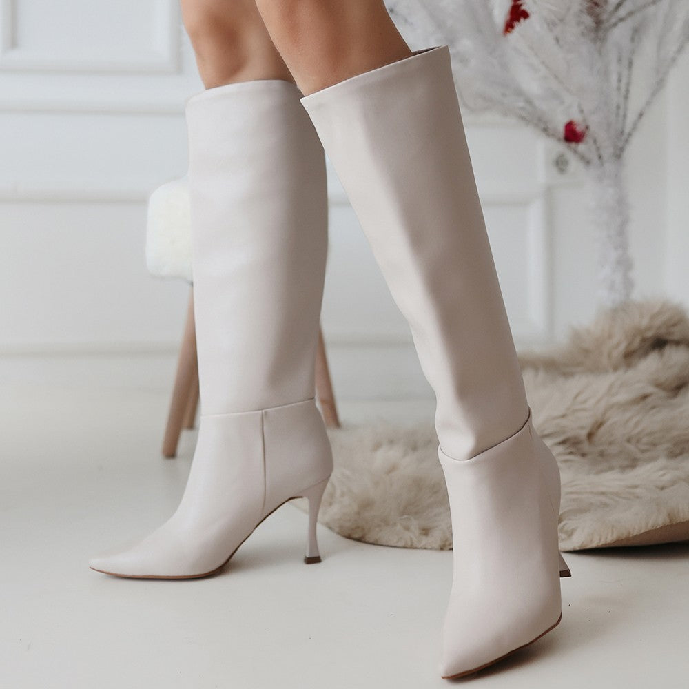 Women's Beige Leather High Heel Boots - STREETMODE ™