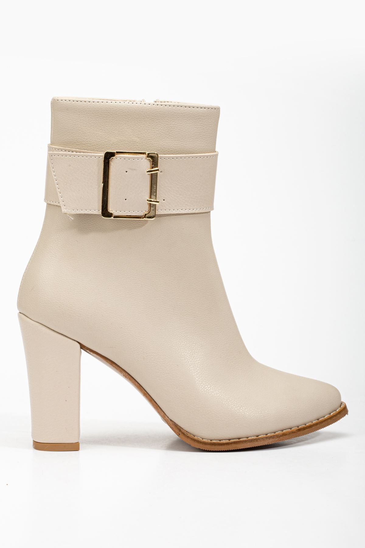 Women's Eva Beige Skin Pointed Toe Zipper Thick Heel Boots - STREETMODE ™