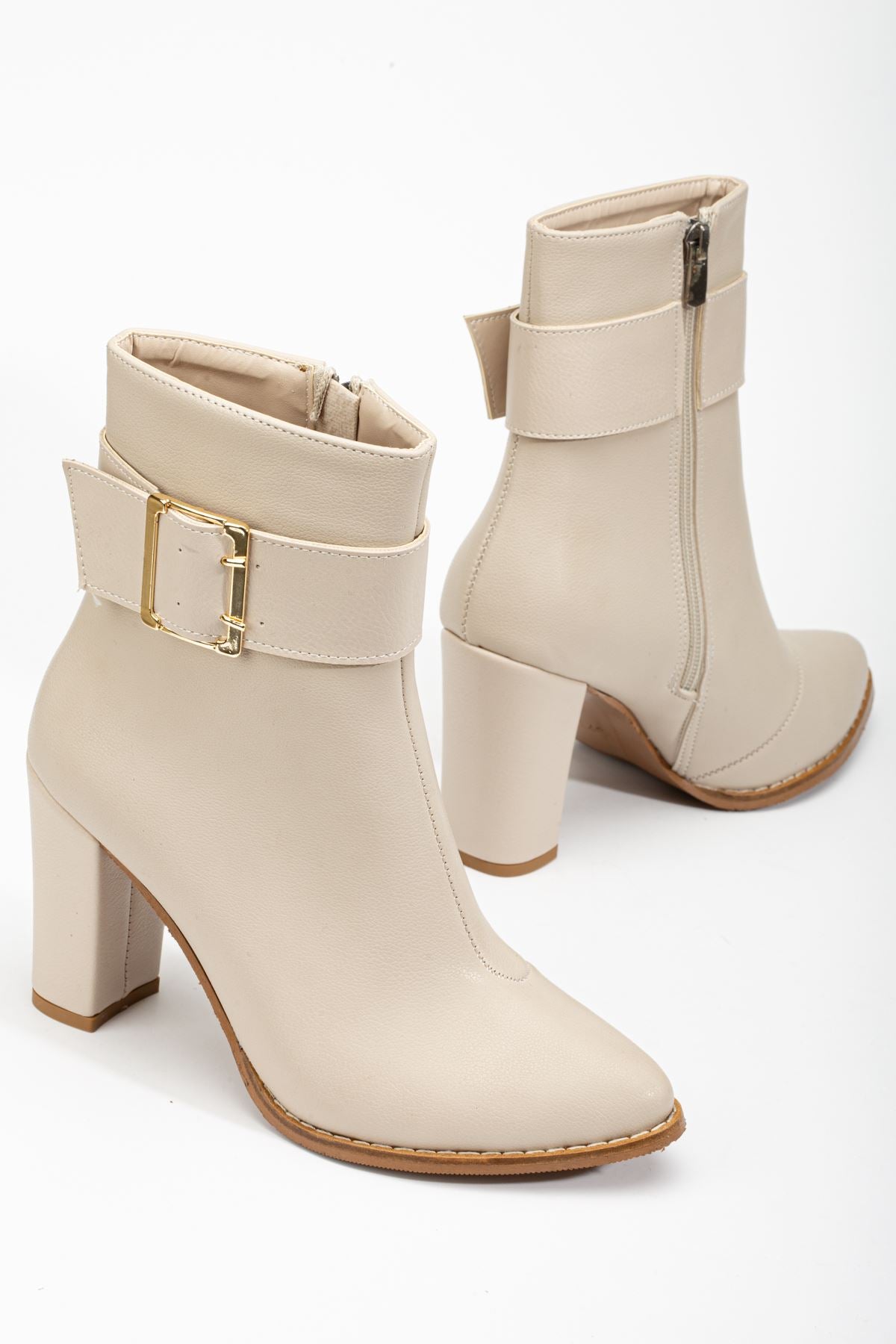 Women's Eva Beige Skin Pointed Toe Zipper Thick Heel Boots - STREETMODE ™