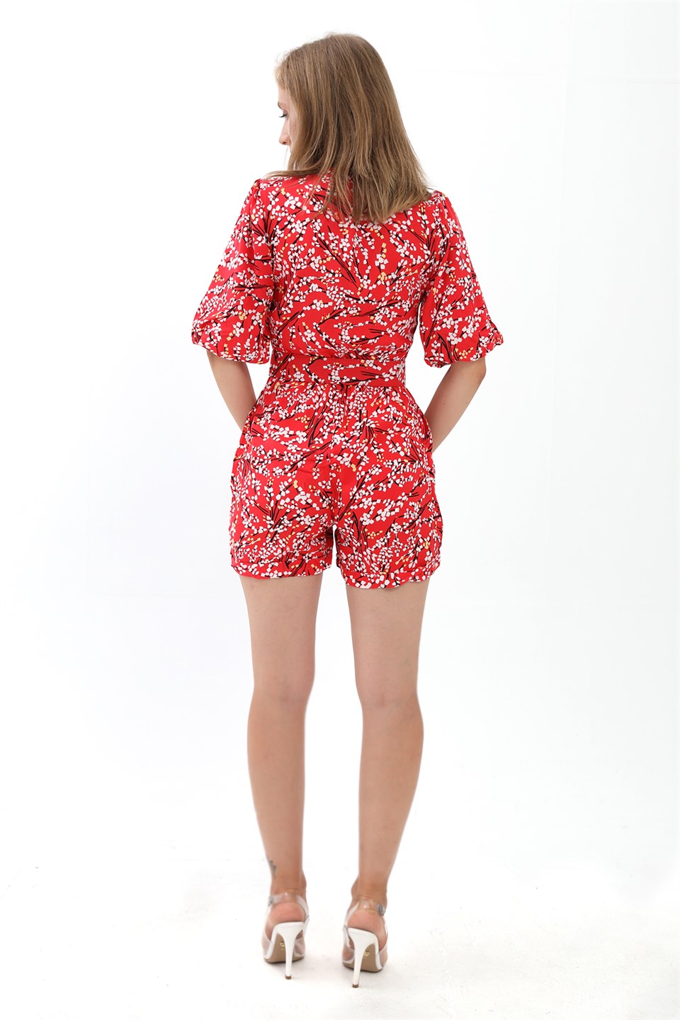 Women's Shorts Jumpsuit with Elastic Belt on Back Waist - Red - STREETMODE ™