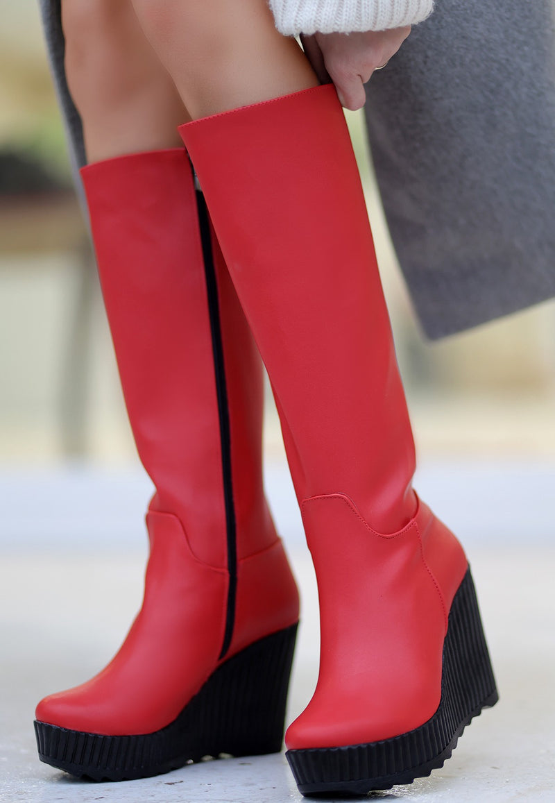 Women's Red Leather Wedge Heel Boots - STREETMODE ™