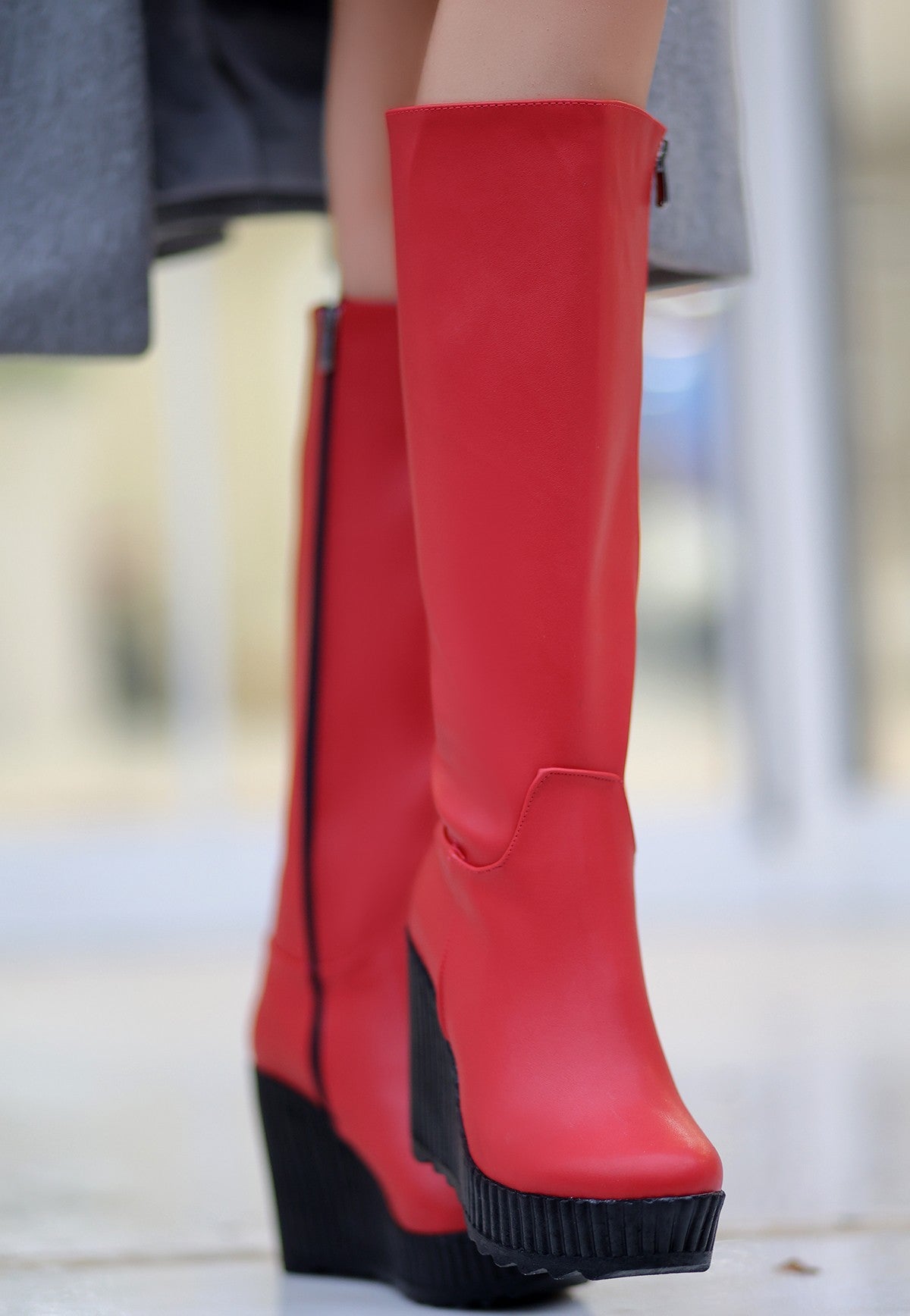 Women's Red Leather Wedge Heel Boots - STREETMODE ™