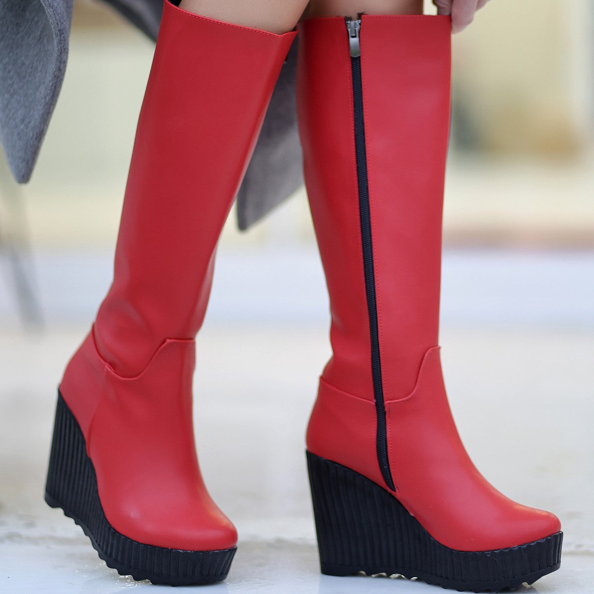 Women's Red Leather Wedge Heel Boots - STREETMODE ™