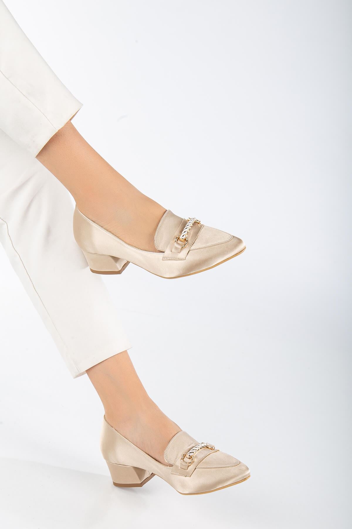 Cream Satin Buckle Detailed Women's Low Heeled Shoes - STREETMODE ™