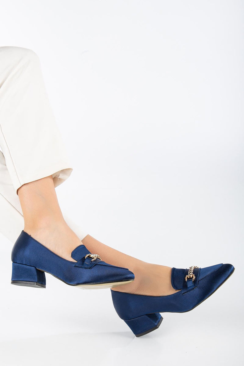 Women's Low Heeled Shoes Navy Blue Suede with Skin Buckle Detail - STREETMODE ™