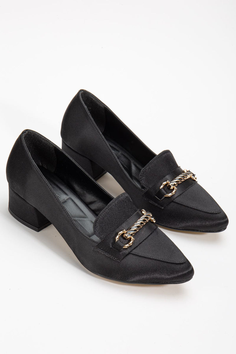 AUGUSTA Black Satin Buckle Detailed Women's Low Heeled Shoes - STREETMODE ™