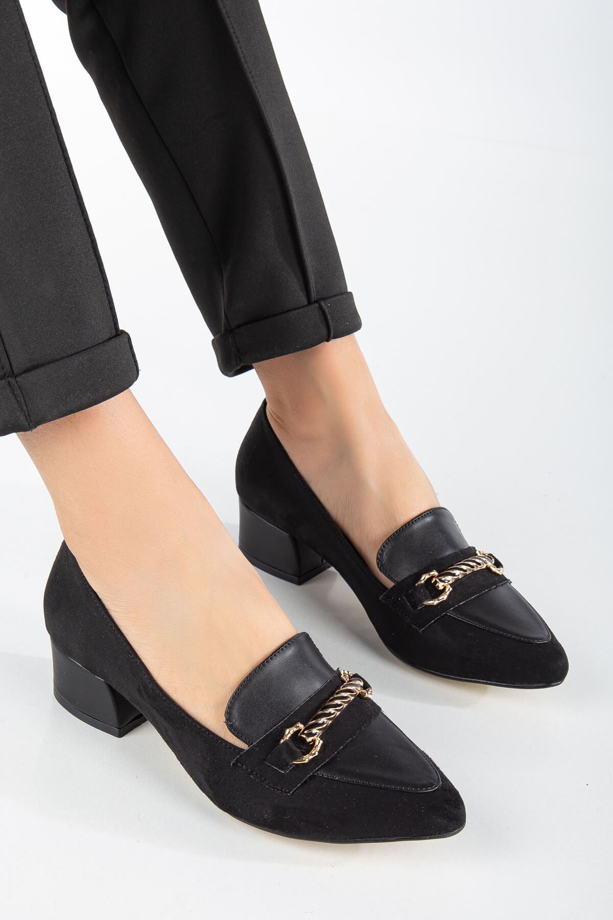 Women's Low Heeled Shoes Black Suede with Skin Buckle Detail - STREETMODE ™