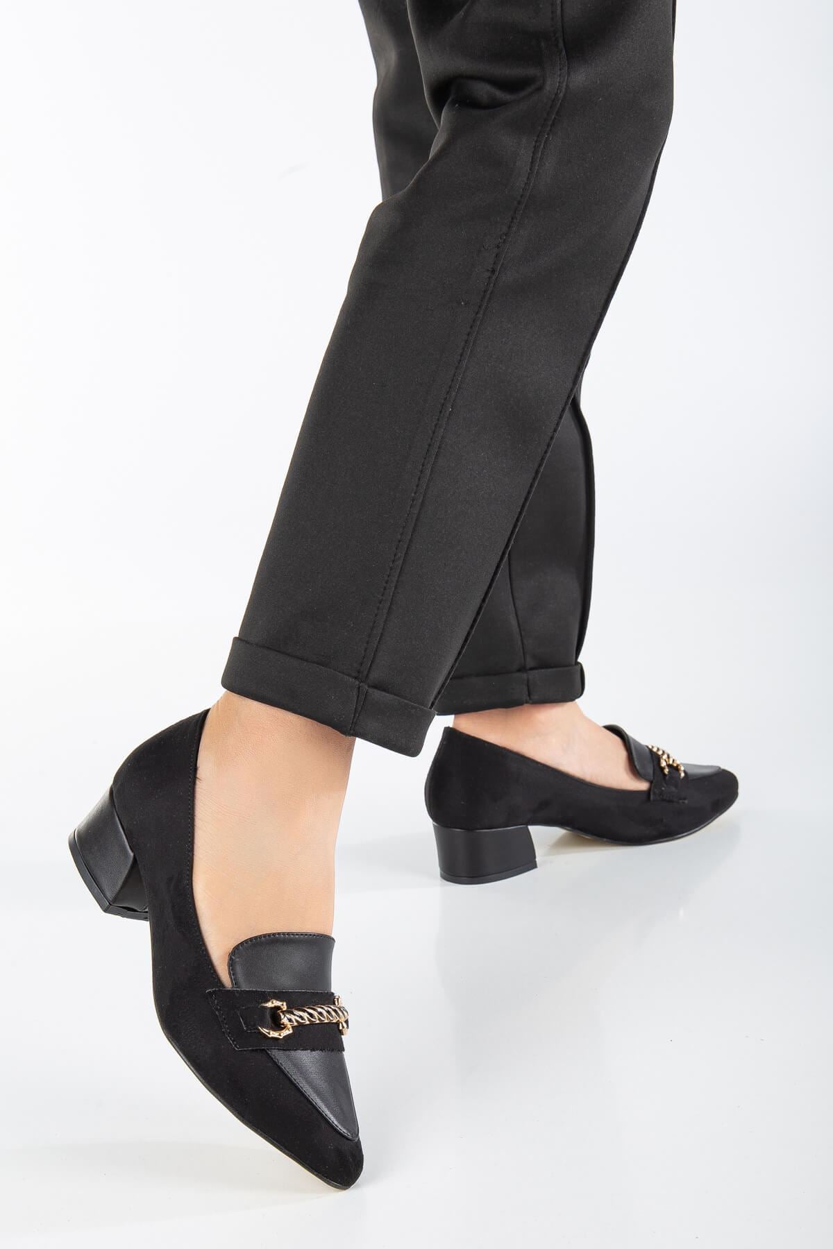 Women's Low Heeled Shoes Black Suede with Skin Buckle Detail - STREETMODE ™