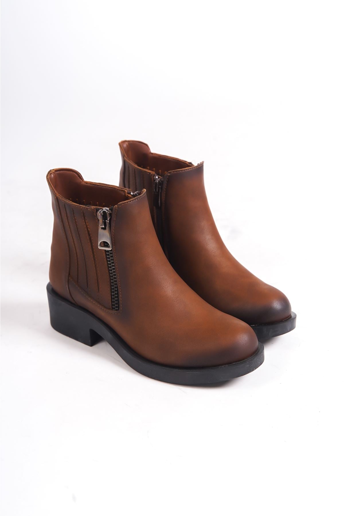 Ayam Women's Tan Zipper Detailed Ankle Boots - STREETMODE ™