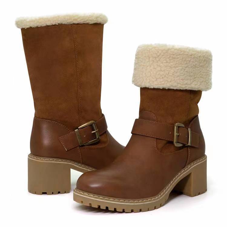 Fashion Boots With Buckle Chunky Heel Shoes Warm Winter Round Toe Western Boots For Women - STREETMODE ™