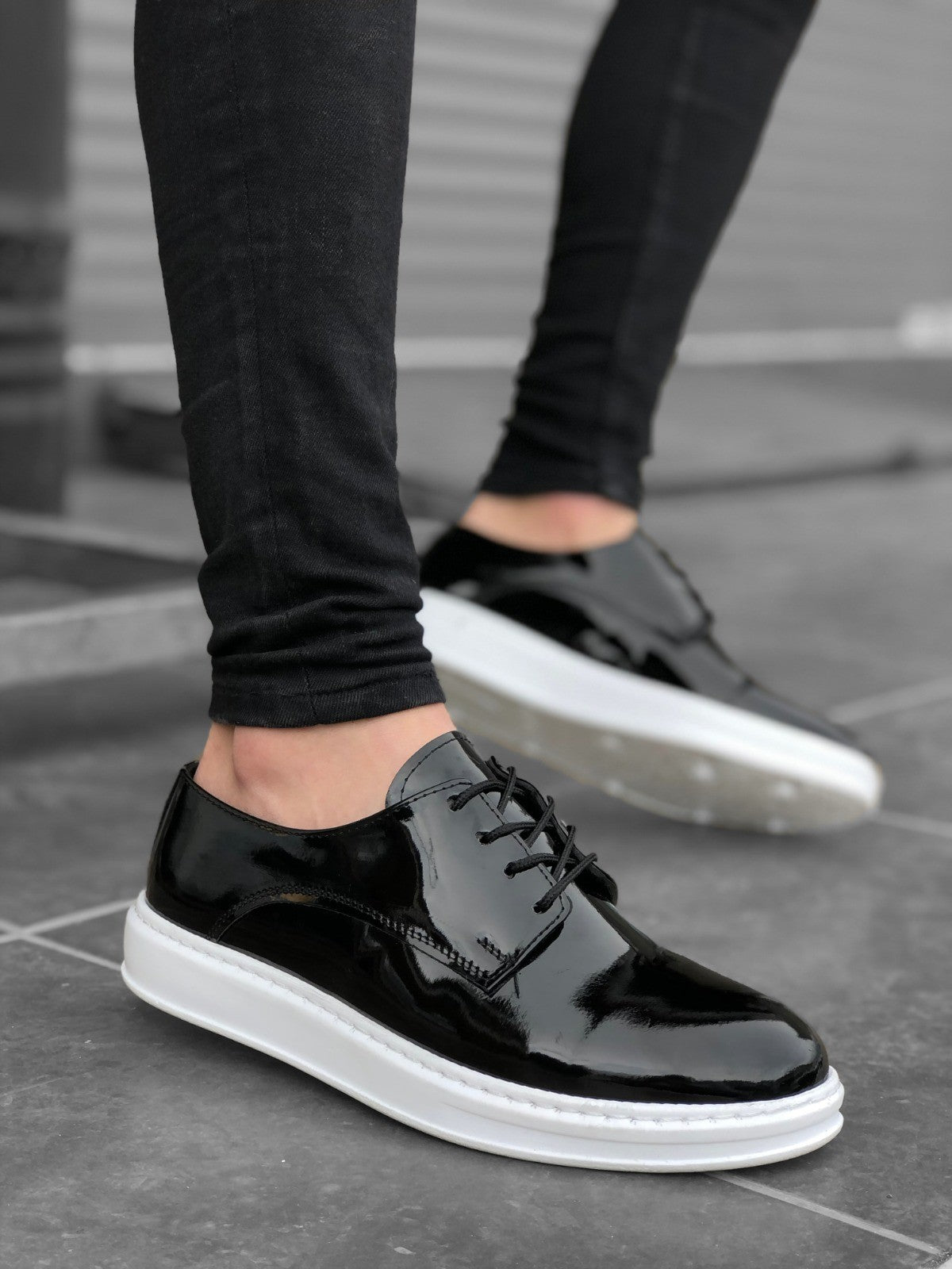 BA0003 Lace-Up Classic Black Patent Leather High Sole Casual Men's Shoes - STREETMODE ™