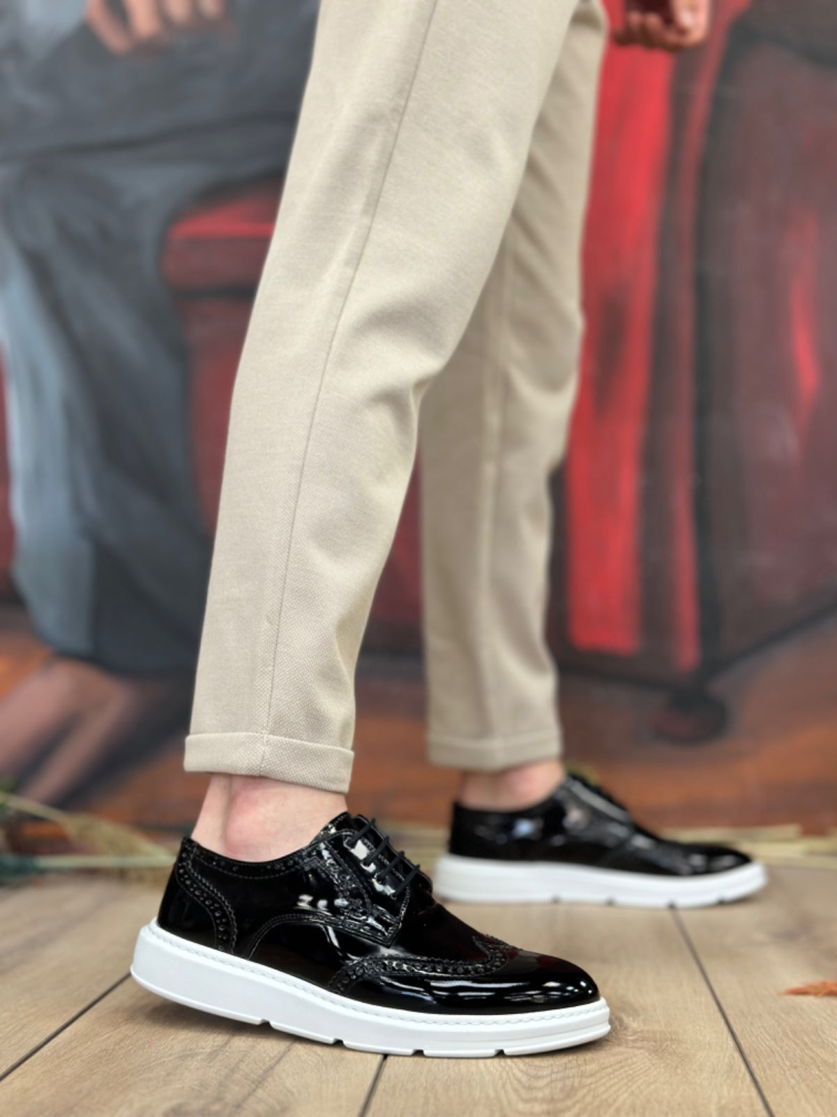 BA0003 Lace-Up Classic Black White Sole Patent Leather High Sole Casual Men's Shoes BA0003 Lace-Up Classic Black White Sole Patent Leather High Sole Casual Men's Shoes
