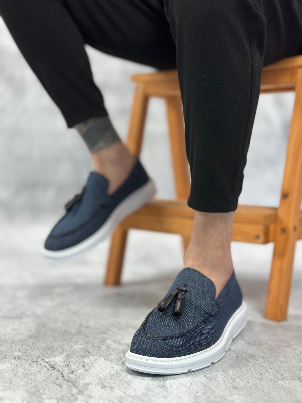 BA0005 Laceless High Sole Classic Linen Navy Blue Tasseled Men's Shoes