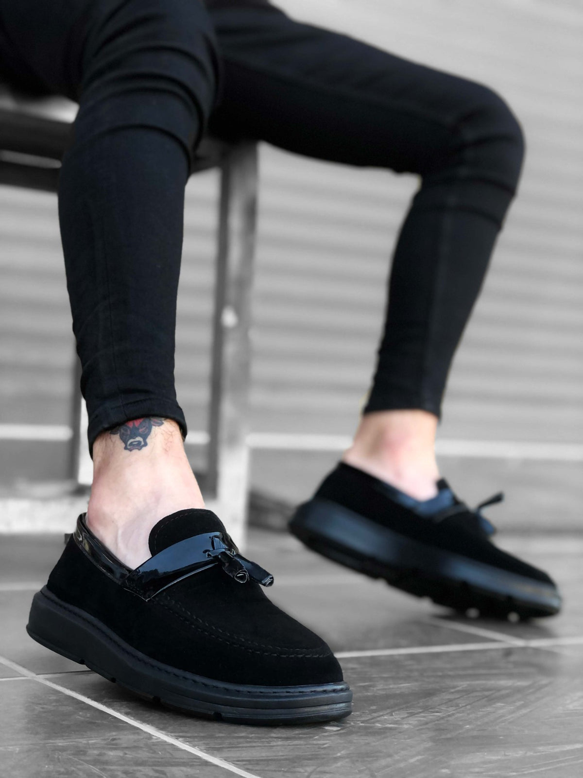BA0005 Laceless High Sole Classic Black Suede Shiny Belted Tasseled Men's Shoes - STREETMODE ™