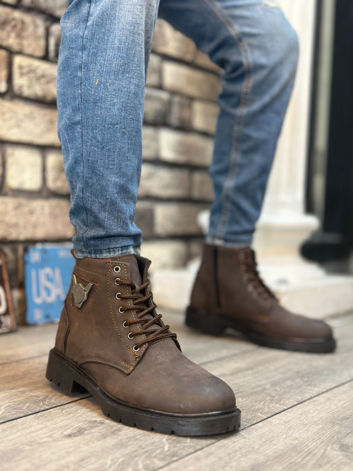 BA0080 Eagle Zippered Brown Men's Classic Sports Classic Half Ankle Boots - STREETMODE ™