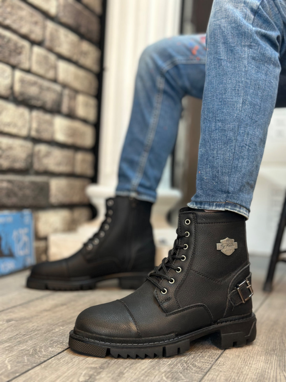 BA0080 Kartal Zippered Buckle Black Men's Classic Sports Classic Ankle Ankle Boots - STREETMODE ™