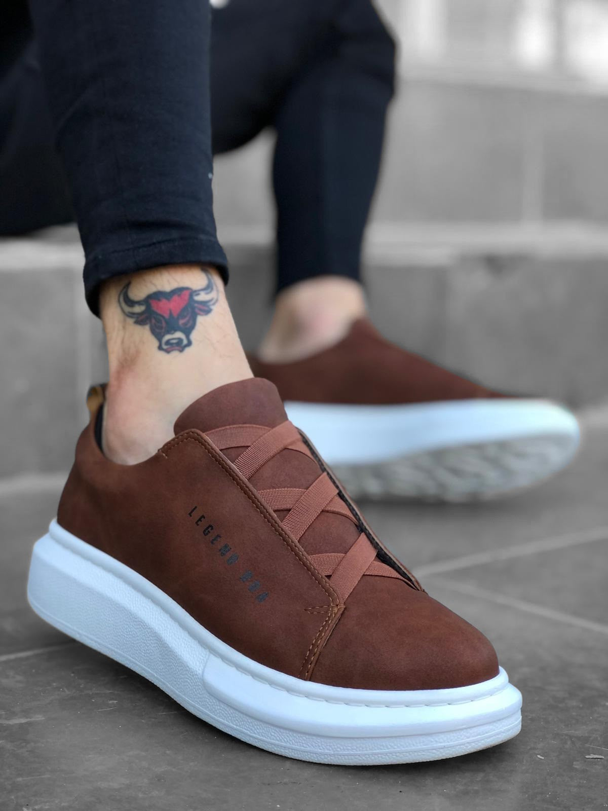 BA0134 Thick High Sole Cross Band Brown White Men Shoes - STREETMODE ™
